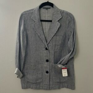 Elliott Lauren Womens Blazer Blue &‎ White Button Front Striped Jacket NWT